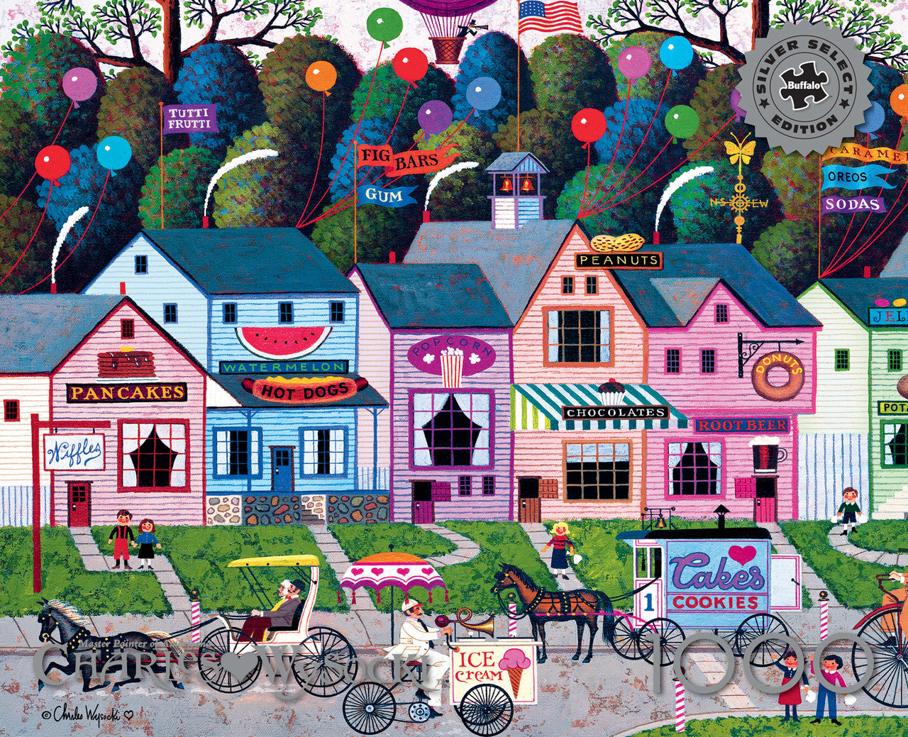 Charles Wysocki - Confection Street 1000 Piece Puzzle - Silver Select: Giftable Box With Silver Foil Accents