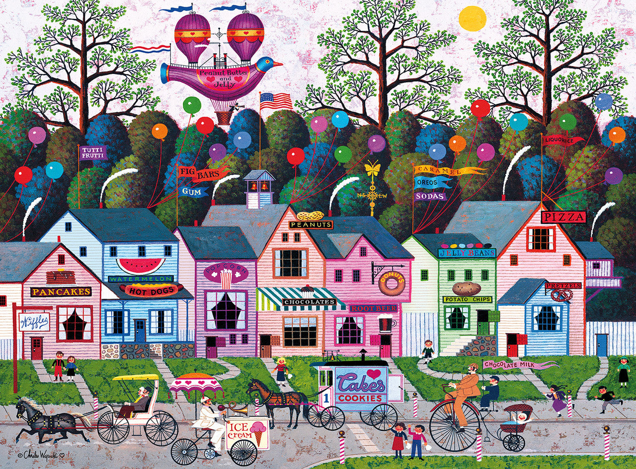 Charles Wysocki - Confection Street 1000 Piece Puzzle - Silver Select: Giftable Box With Silver Foil Accents