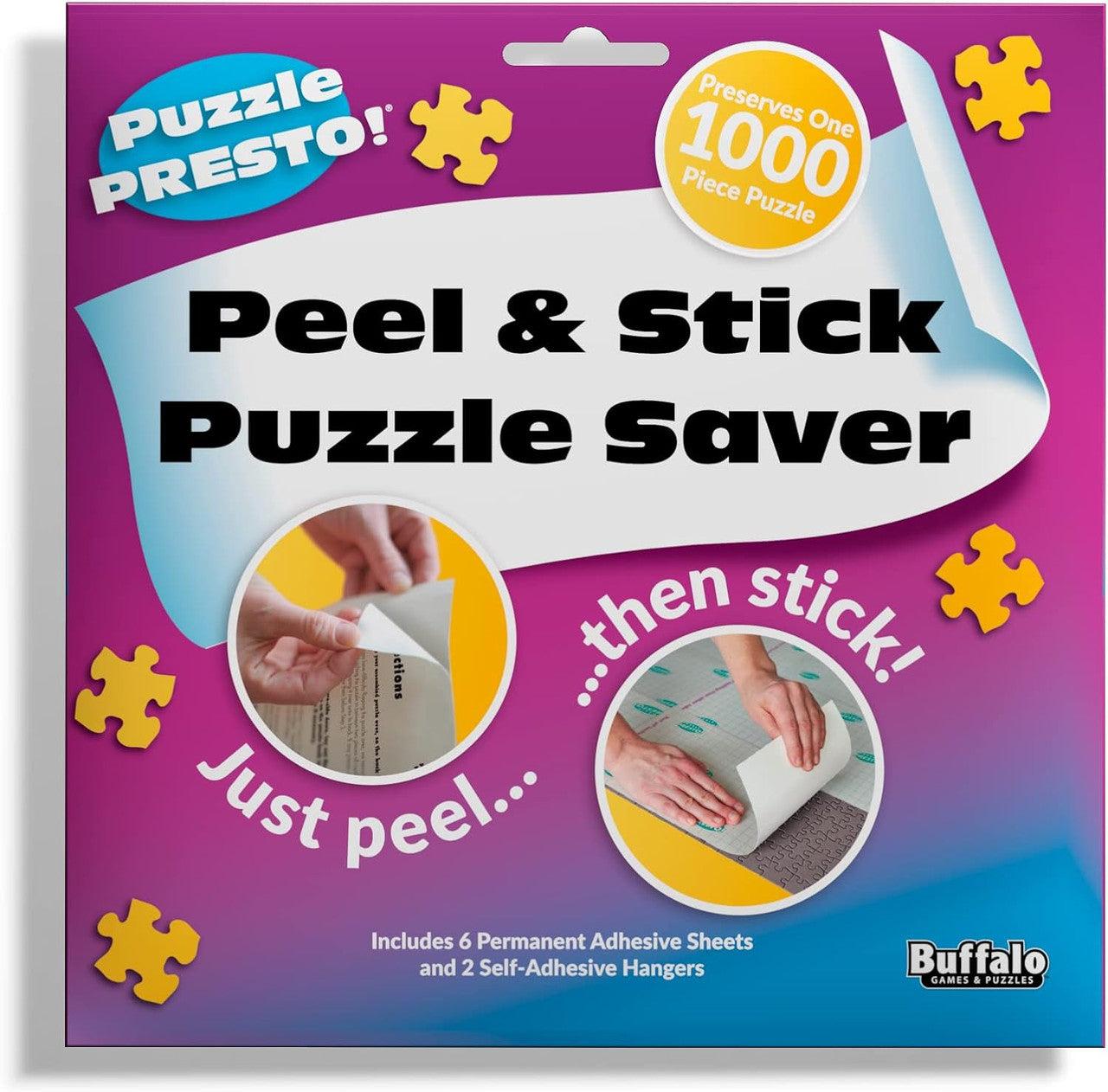 Puzzle Presto! Peel & Stick Puzzle Saver – The Original, Best Way to Preserve Your Finished Puzzle! Includes 6 Adhesive Sheets & 2 Hangers