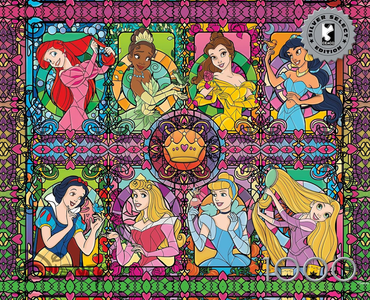 Ceaco Puzzle: Disney: Stained Glass Princess 1000 Piece Puzzle (Silver Select: Giftable package with silver foil accents)