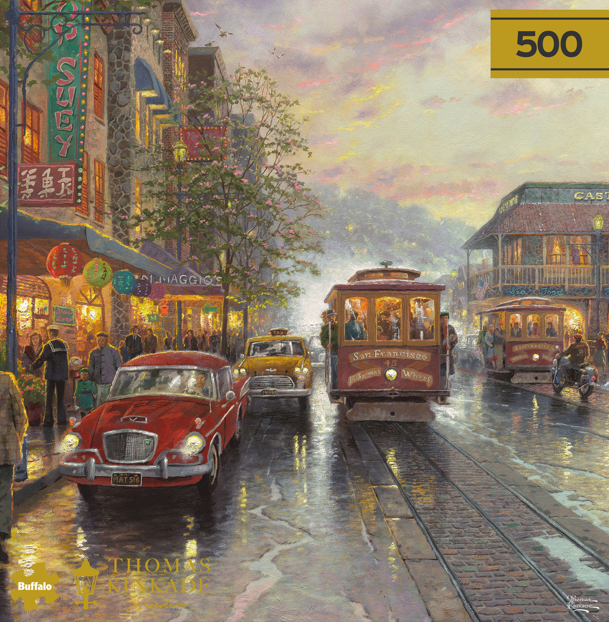Ceaco Puzzle: Gold: City by the Bay, Sunset on Fisherman's Wharf 500 Piece Puzzle (Premium Giftable Gold Box) Thomas Kinkade