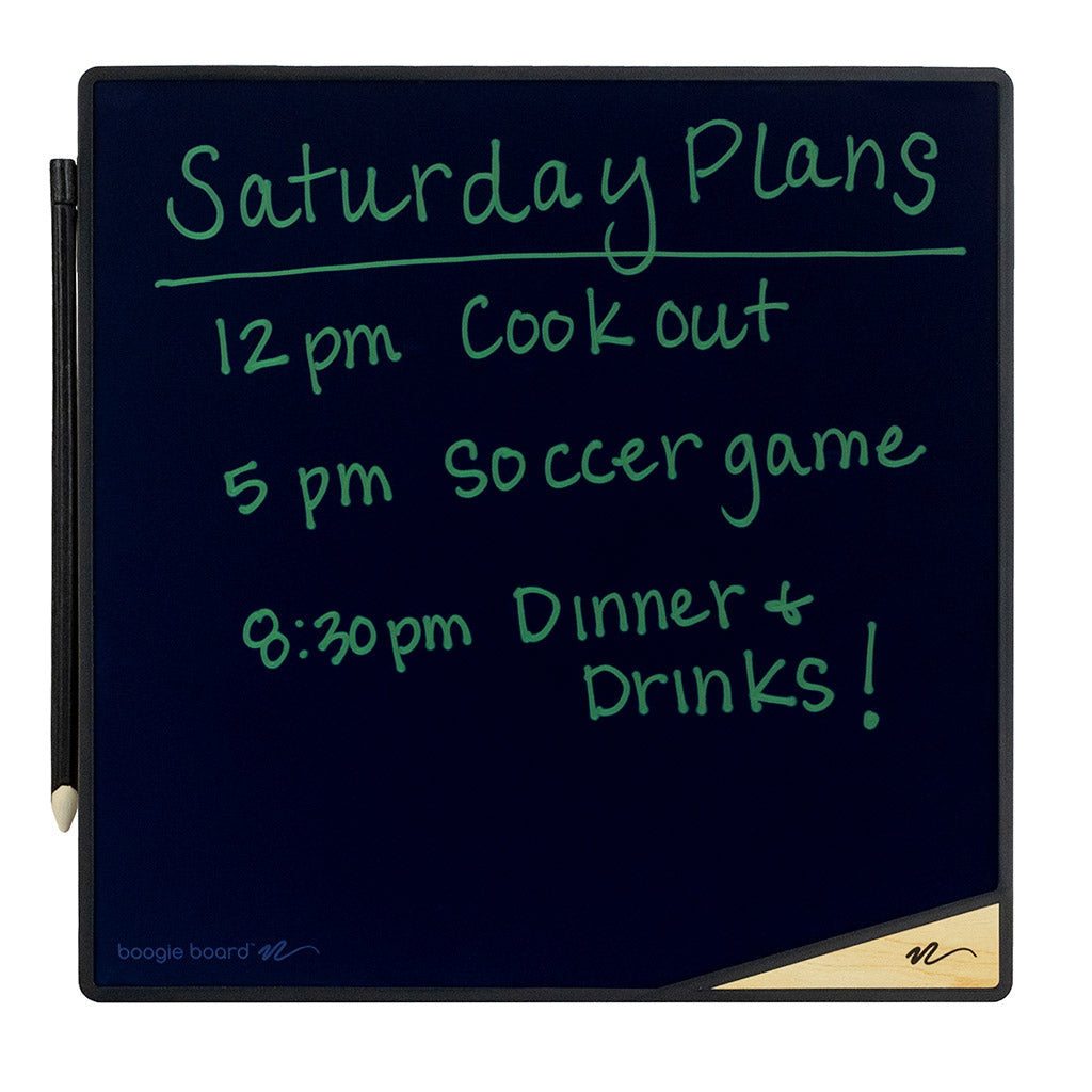 VersaTiles™ Memo Board Onyx front view with stylus attached and writing on screen