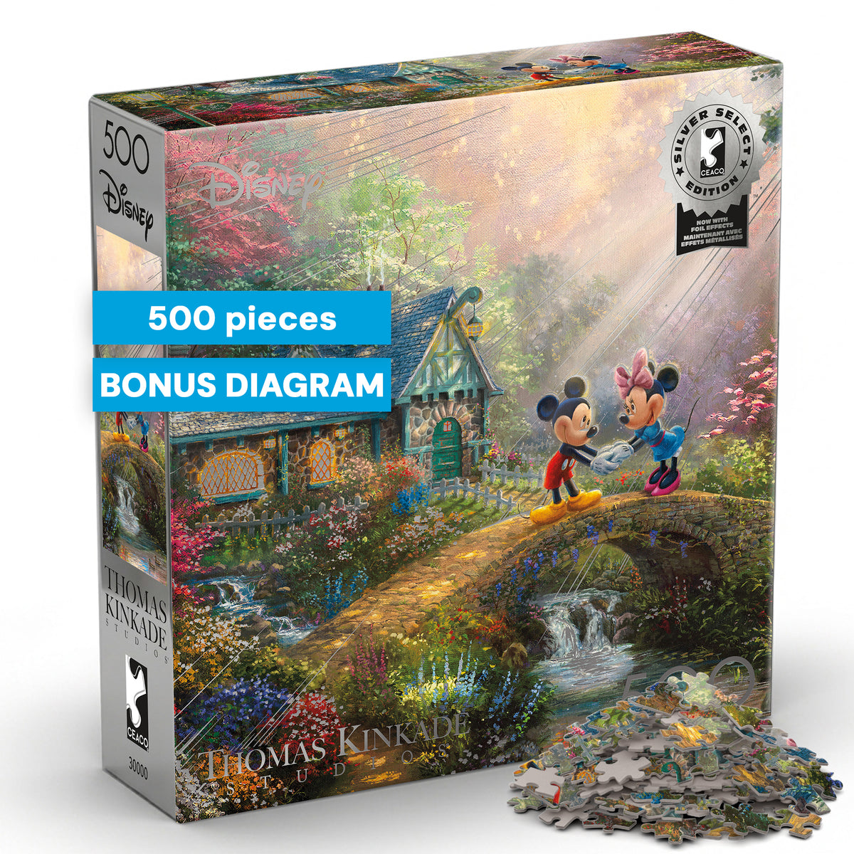 Silver Select: Mickey + Minnie Sweetheart Bridge, Thomas Kinkade Disney Dreams 500 Piece Puzzle